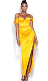 YELLOW HIGH SLIT SATIN CORSET DRESS