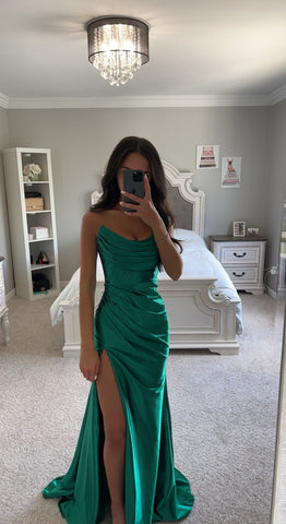 EMERALD ASYMMETRICAL SATIN GOWN