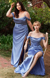 SMOKY BLUE SATIN OFF SHOULDER MAXI DRESS