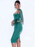 SATIN MESH SLEEVE MIDI DRESS