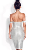 OFF SHOULDER SILVER METALLIC DRESS