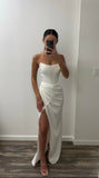 OFF WHITE CORSET OFF SHOULDER SATIN GOWN