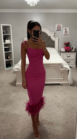 FUCHSIA FEATHER TRIM MAXI DRESS