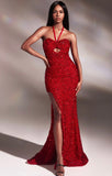 HALTER FITTED SEQUIN KEY HOLE FRONT GOWN