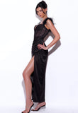 ODELL BLACK FEATHER STRAP CORSET MIDI GOWN