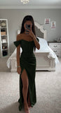 OLIVE CORSET OFF SHOULDER SATIN GOWN