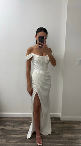 OFF WHITE CORSET OFF SHOULDER SATIN GOWN