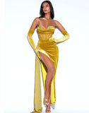 GOLD DRAPING CRYSTAL CORSET VELVET GOWN