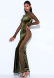 ROBE LONGUE EN MAILLE DE VELOURS OLIVE