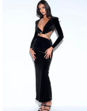 BLACK DEEP V CUT OUT VELVET GOWN