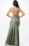 RUST OLIVE SATIN LACE BACK GOWN