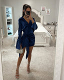 TIE KNOT SATIN LONG SLEEVE MINI DRESS