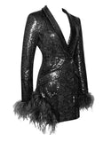 SEQUIN FEATHER TRIM BLAZER MINI DRESS