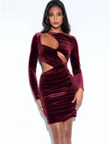 BURGUNDY VELVET CUT OUT MINI DRESS