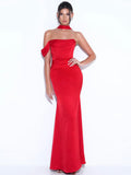 RED HALTER NECK DUCHESS SATIN GOWN