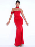 RED HALTER NECK DUCHESS SATIN GOWN