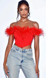 RED FEATHER TRIM CORSET TOP