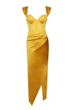 YELLOW HIGH SLIT SATIN CORSET DRESS