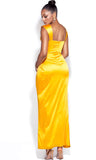 YELLOW HIGH SLIT SATIN CORSET DRESS