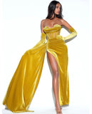 GOLD DRAPING CRYSTAL CORSET VELVET GOWN