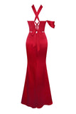 RED HALTER NECK DUCHESS SATIN GOWN