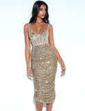 GOLD SEQUIN CORSET MIDI DRESS