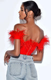 RED FEATHER TRIM CORSET TOP