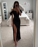 ODELL BLACK FEATHER STRAP CORSET MIDI GOWN