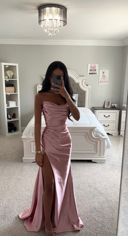 DUSTY ROSE ASYMMETRICAL SATIN GOWN