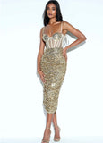 GOLD SEQUIN CORSET MIDI DRESS