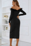 FEATHER TRIM BANDAGE MIDI DRESS