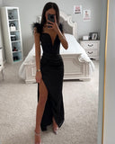 ODELL BLACK FEATHER STRAP CORSET MIDI GOWN