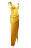 YELLOW HIGH SLIT SATIN CORSET DRESS