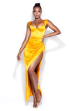 YELLOW HIGH SLIT SATIN CORSET DRESS