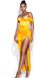 YELLOW HIGH SLIT SATIN CORSET DRESS