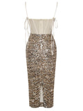 GOLD SEQUIN CORSET MIDI DRESS