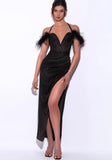 ODELL BLACK FEATHER STRAP CORSET MIDI GOWN