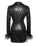 SEQUIN FEATHER TRIM BLAZER MINI DRESS