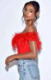 RED FEATHER TRIM CORSET TOP