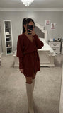 BELTED LANTERN SLEEVE WRAP CASUAL SWEATER MINI DRESS