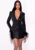 SEQUIN FEATHER TRIM BLAZER MINI DRESS