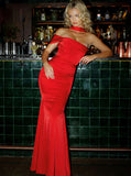 RED HALTER NECK DUCHESS SATIN GOWN