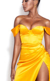 YELLOW HIGH SLIT SATIN CORSET DRESS