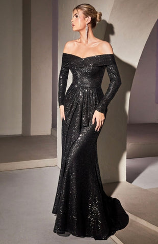 SEQUIN OFF SHOULDER LONG SLEEVE GOWN