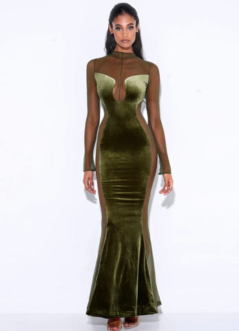 ROBE LONGUE EN MAILLE DE VELOURS OLIVE