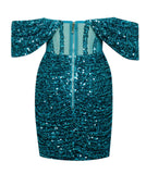 TEAL BLUE SEQUIN OFF SHOULDER CORSET MINI DRESS